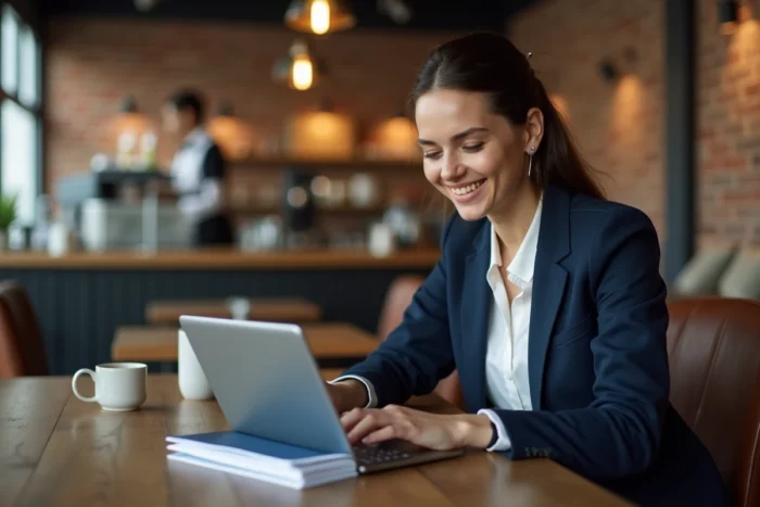 Femme consultant son coffre-fort numérique Arkevia sur une tablette dans un café urbain moderne