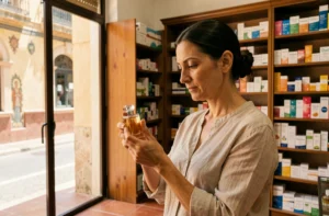 Femme espagnole examinant un flacon de parfum dans une pharmacie traditionnelle de Séville