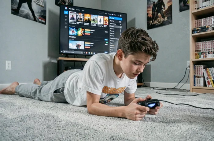 Adolescent allongé sur le sol de sa chambre consultant la bibliothèque de jeux PS4 avec les durées de jeu affichées