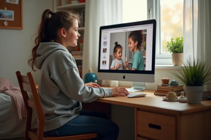 Adolescente consultant les pages d'un site web familial depuis son bureau dans sa chambre