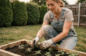 Femme en salopette en train de planter des herbes aromatiques dans un carré potager surélevé en bois dans un jardin aménagé