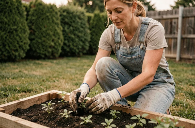 Femme en salopette en train de planter des herbes aromatiques dans un carré potager surélevé en bois dans un jardin aménagé