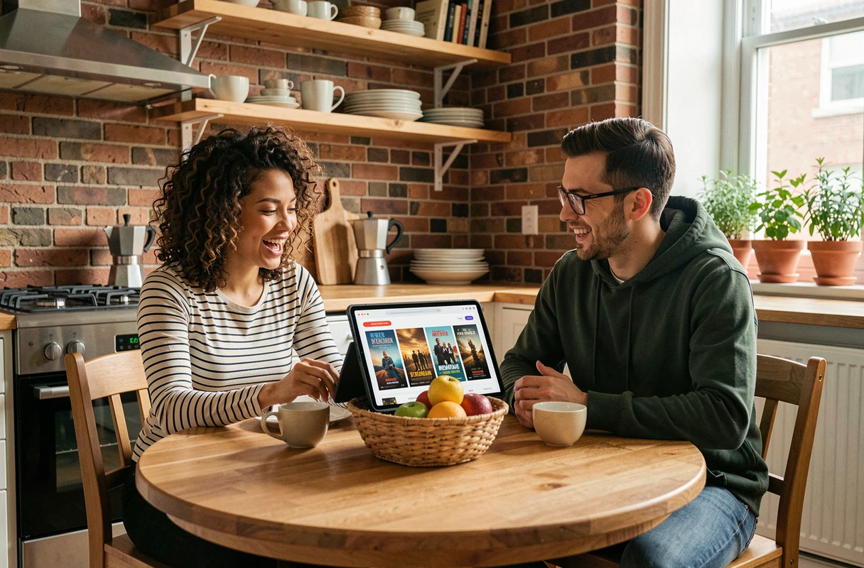 Deux amis choisissant ensemble un film sur un site de streaming gratuit depuis une tablette dans une cuisine