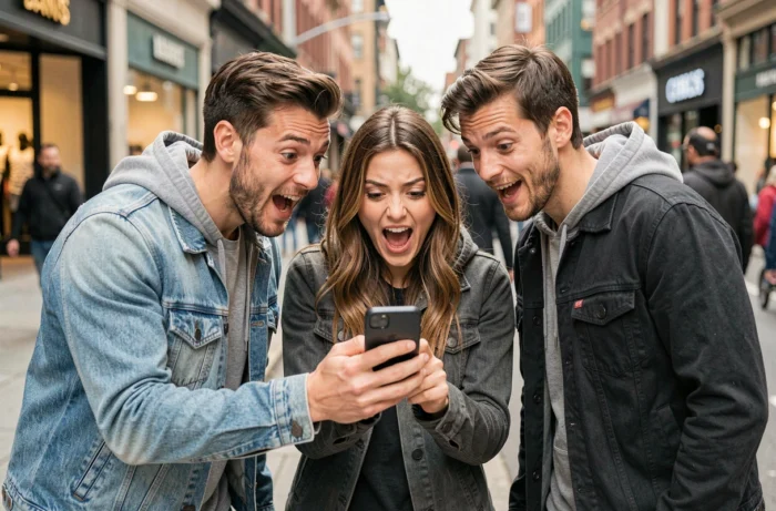 Groupe d'amis réagissant avec surprise à une vidéo virale insolite sur smartphone en ville