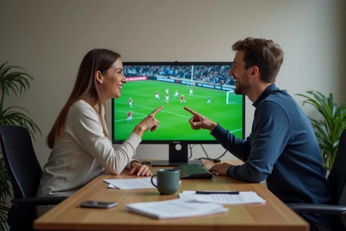 Deux amis regardant ensemble un match de rugby en direct gratuit sur ordinateur de bureau