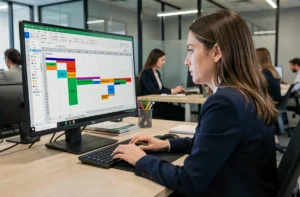 Analyste de données femme travaillant sur un tableau croisé dynamique Excel dans un bureau moderne