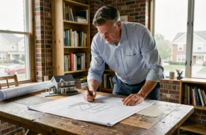 Architecte examinant des plans de maison individuelle sur une table à dessin professionnelle