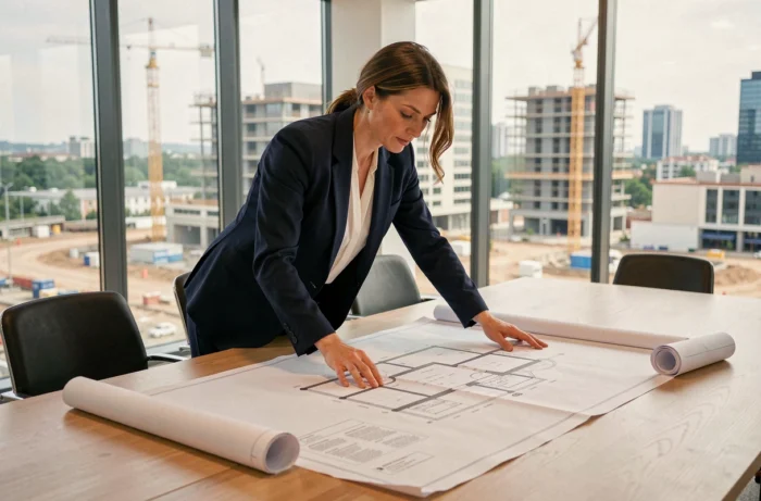Architecte professionnelle examinant des plans de projet immobilier dans un bureau moderne avec vue sur un chantier urbain
