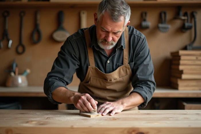 Artisan ébéniste en atelier travaillant sur une table en chêne massif fabriquée sur mesure pour un intérieur design