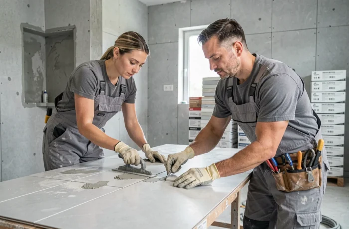 Deux artisans posant du carrelage grand format dans une salle de bain en rénovation pour valoriser un bien immobilier