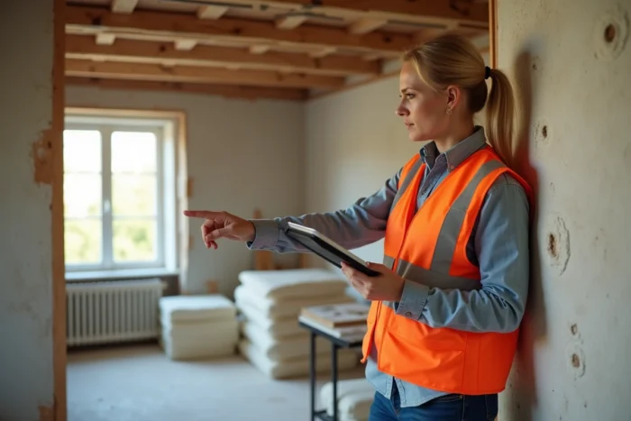 Auditrice énergétique professionnelle analysant l'isolation d'un mur intérieur lors d'une rénovation thermique