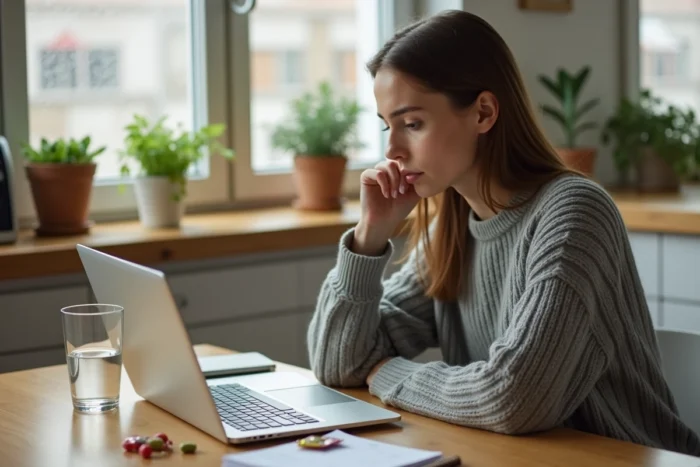 Femme lisant des avis négatifs sur Lashilé Good Hair sur son ordinateur portable avec des compléments capillaires posés sur la table