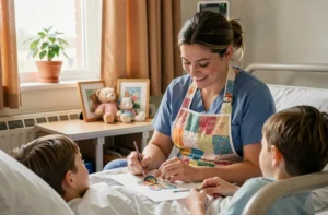 Bénévole et enfant hospitalisé peignant ensemble une aquarelle dans une chambre d'hôpital décorée chaleureusement