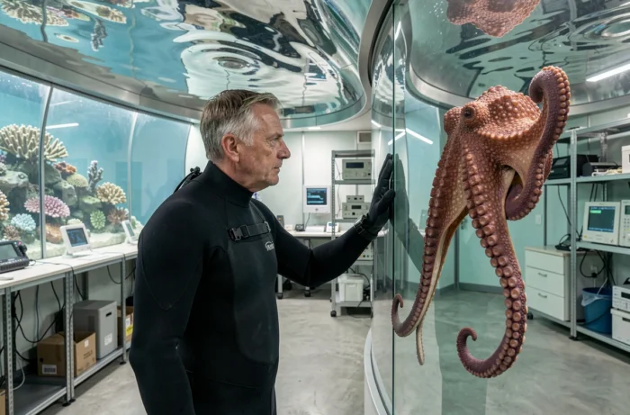 Biologiste marin face à une pieuvre dans un aquarium de recherche, révélant les comportements fascinants des céphalopodes