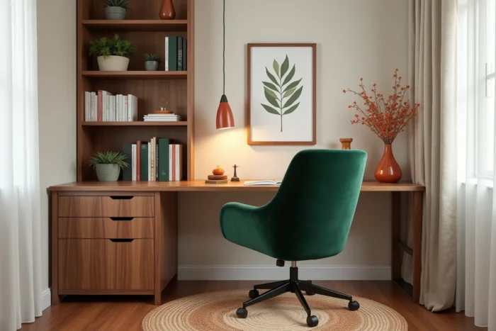 Bureau à domicile moderne et confortable avec bureau en noyer, fauteuil en velours vert et bibliothèque intégrée dans un espace résidentiel