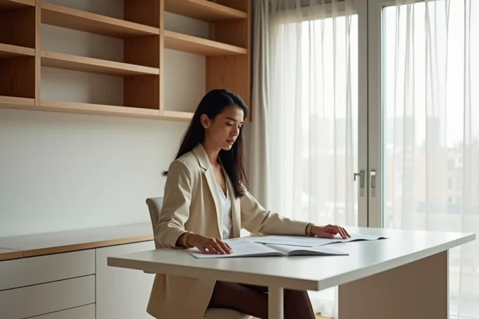 Femme dans un bureau à domicile avec bureau laqué sur mesure et étagères en frêne naturel dans un intérieur design épuré