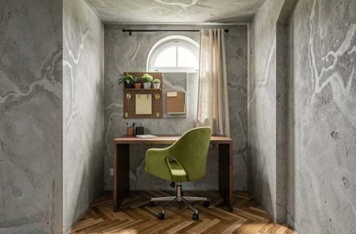 Coin bureau à domicile tendance avec alcôve en béton, bureau en noyer et chaise boucle vert mousse dans espace de travail moderne