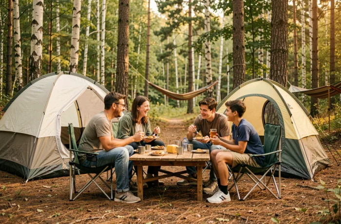 Famille réunie autour d'un petit-déjeuner au camping en forêt avec deux tentes dôme installées sur un sol de pins en pleine nature