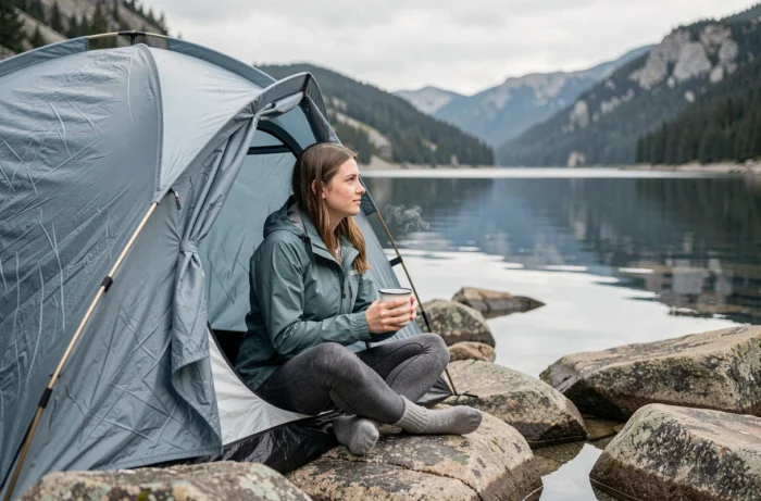 Randonneuse solitaire assise à l'entrée de sa tente légère au bord d'un lac de montagne lors d'un camping sauvage en altitude