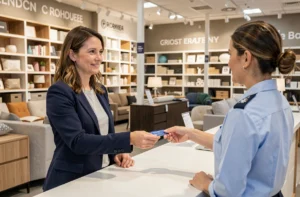 Femme utilisant sa carte Conforama au comptoir service client d'un magasin de meubles pour bénéficier d'avantages exclusifs