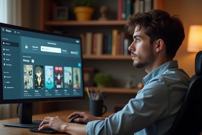 Un jeune homme utilisant les filtres et catégories avancés d'un site de lecture de manga pour découvrir de nouvelles œuvres sur son ordinateur
