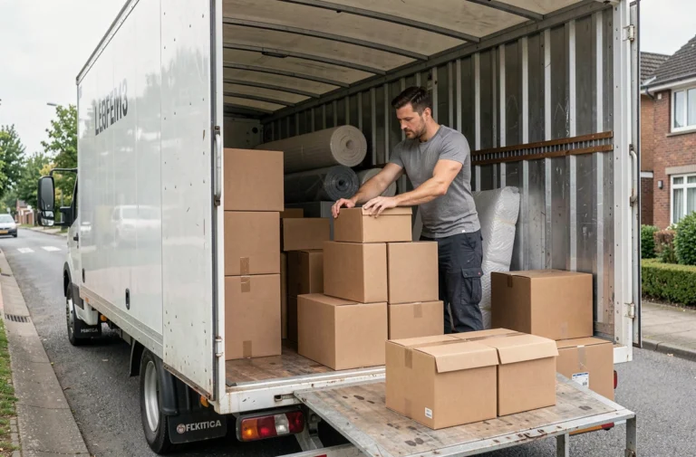 Homme chargeant des cartons dans un camion de déménagement 15m3 garé dans une rue résidentielle