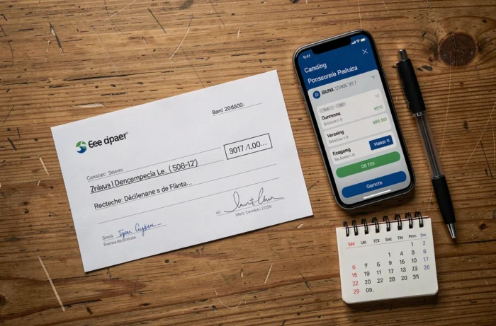 Chèque bancaire et application mobile de suivi des transactions posés sur un bureau en bois