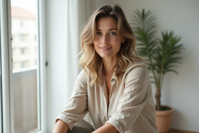 Femme aux cheveux effilés naturels et en mouvement dans un appartement de style scandinave