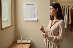 Femme prenant ses mesures avec un mètre ruban dans une cabine d'essayage pour choisir la bonne taille chez Grain de Malice