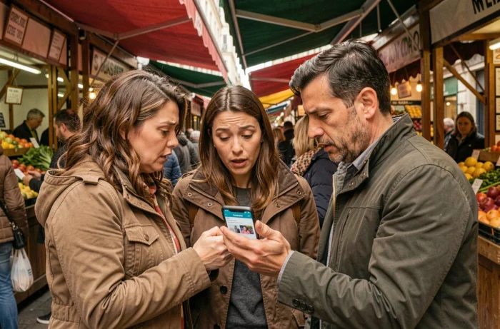 Groupe de citoyens consultant une application d'actualité locale sur smartphone dans un marché de ville française
