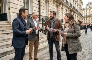 Groupe de citoyens français discutant de politique devant un bâtiment haussmannien à Paris