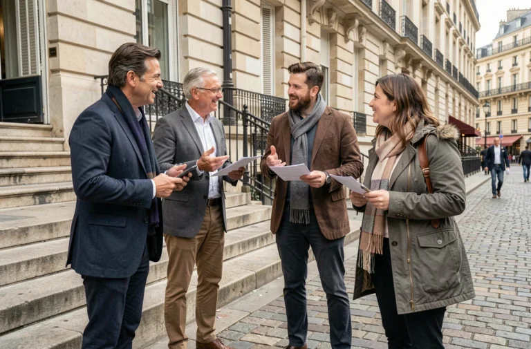 Groupe de citoyens français discutant de politique devant un bâtiment haussmannien à Paris