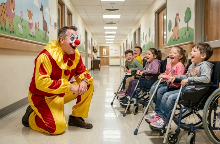 Clown thérapeutique faisant rire des enfants hospitalisés dans un couloir pédiatrique coloré