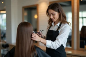 Coiffeuse professionnelle utilisant des ciseaux effileurs sur les cheveux longs d'une cliente dans un salon moderne