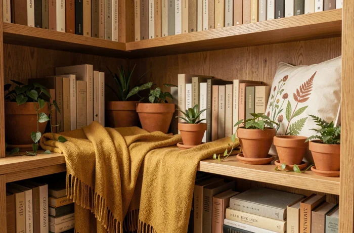 Coin lecture personnalisé avec pots en terre cuite peints, coussins brodés et livres dans une bibliothèque intégrée chaleureuse