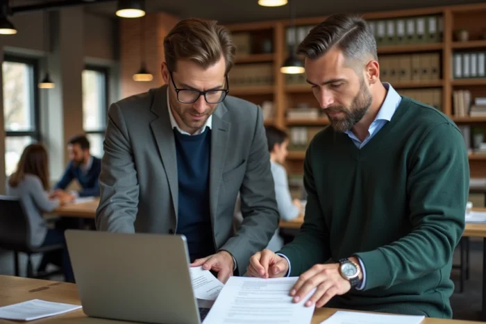 Deux professionnels collaborant sur des documents juridiques et outils numériques pour moderniser le fonctionnement du CSE en espace de coworking
