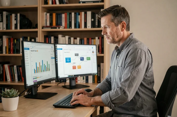 Professionnel masculin comparant Power Pivot et tableau croisé dynamique sur double écran en télétravail