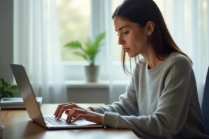 Femme accédant à son compte Arkevia sur un ordinateur portable dans un bureau à domicile organisé