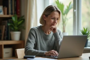 Femme en pull gris essayant de se connecter à son espace client MyFoncia sur un ordinateur portable à son bureau