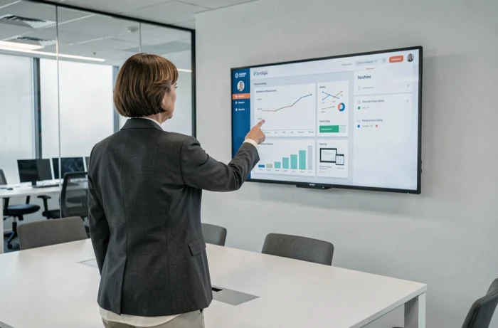 Consultante e-commerce présentant des analyses de performance et une interface de gestion de boutique en ligne en salle de réunion professionnelle