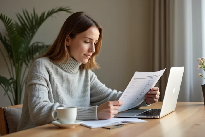 Femme consultant un guide des tailles en ligne et sur papier à la maison avant de commander chez Grain de Malice