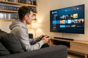 Jeune homme consultant le menu de sa PS4 sur un écran de salon pour vérifier son temps de jeu