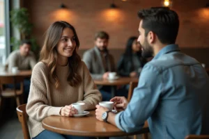 Couple dans un café échangeant des regards ambigus sur les mots 'je t'aime beaucoup' dans une relation amoureuse