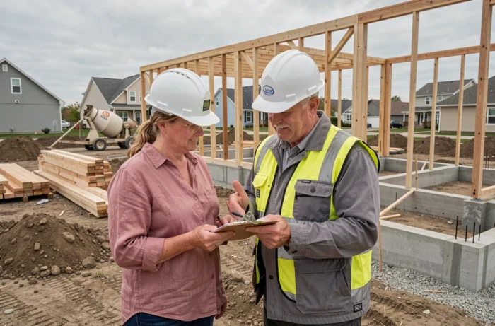 Couple de futurs propriétaires sur un chantier de construction de maison individuelle