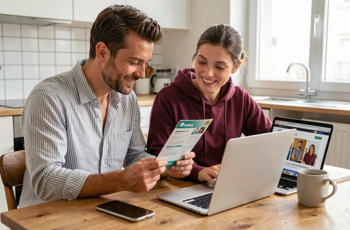 Couple consultant un guide avantages carte Conforama sur table de cuisine pour planifier une location de camion gratuite