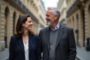 Couple élégant souriants dans une rue parisienne, évoquant une relation amoureuse discrète et complice