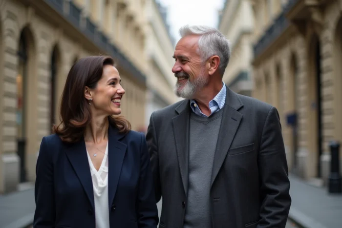 Couple élégant souriants dans une rue parisienne, évoquant une relation amoureuse discrète et complice