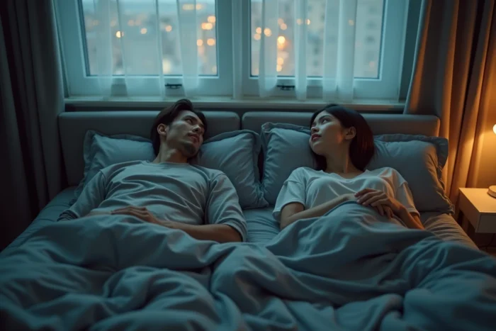 Couple allongé sur un lit en silence, dos à dos, illustrant la distance émotionnelle derrière une déclaration d'amour ambiguë