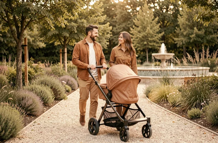 Couple de parents actifs se promenant avec une poussette stylée dans un parc moderne