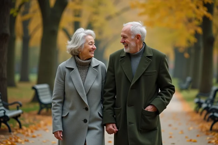 Couple complice se promenant dans un parc parisien en automne, illustrant une vie amoureuse discrète et sereine